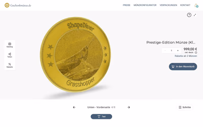 Geschenkmünze’s coin configurator: a gold coin with “ShapeDiver” and “Grasshopper” around a grasshopper engraving, next to the price and the button to add it to the cart