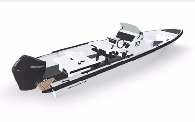 Goldfish Boat’s 3D builder showing the 23 Tender: a white open boat with black trim, a Mercury outboard, and a teak swim platform