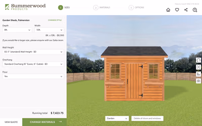 Summerwood’s Custom Design Center: a cedar Palmerston garden shed in a garden scene, next to options for size, wall height, overhang, and floor, with a running price