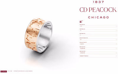CD Peacock’s configurator showing the Chicago Skyline wedding band in white and rose gold, next to its options for finger size, band width, and height, and metal types