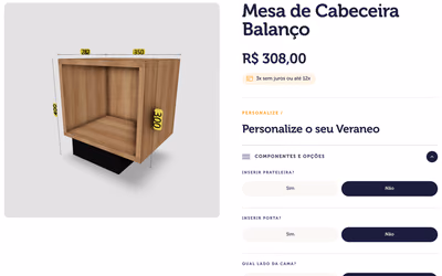 Veraneo’s configurator: the Balanço bedside table in wood on a black base, with its dimensions, next to options for a shelf, a door, and the side of the bed