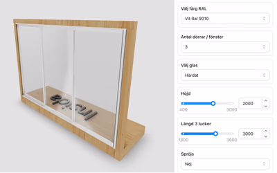Skellefteglas’ configurator: a glazed sunroom section with three sliding glass doors in a wooden frame, next to options for color, number of doors, glass, height, and length