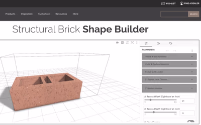 Interstate Brick’s Structural Brick Shape Builder: a red speckled brick with two recesses in 3D, next to parameters for the recess width and depth