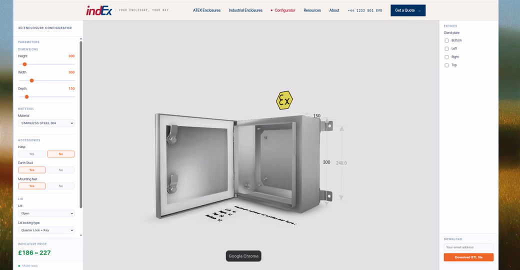 The live indEx enclosure configurator: dimension and material controls on the left, a 3D stainless-steel enclosure with the lid open in the centre, and gland-plate entries plus STL download on the right