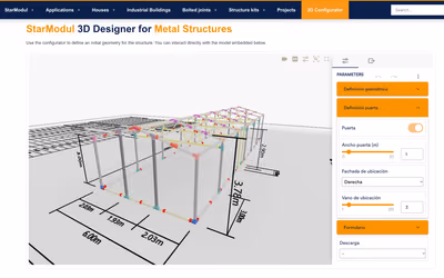 StarModul’s 3D Designer for Metal Structures: a dimensioned steel frame with bolted joints and a roof truss, next to parameters for a door, its width and position