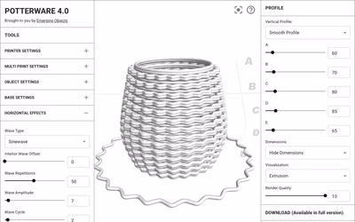 POTTERWARE 4.0: a vessel with a sine-wave texture shown as printed clay coils, between panels for tools, wave settings, and the profile