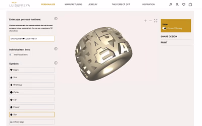Luis & Freya’s configurator: a wide gold ring pierced with the letters of “SHAPEDIVER♥LUIS☼FREYA”, next to the text field and a list of symbols to use as spaces