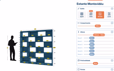 Movêu’s configurator: a dark blue bookcase with white compartments beside a human figure for scale, next to options for style, length, and shelf heights