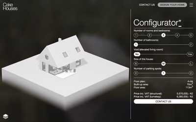 Cake Houses’ configurator: a white model of a small gabled family house on its plot, next to sliders for rooms, bathrooms, size, and parking, with the floor area and price