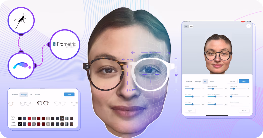 Frametric app interface showing 3D customized eyewear fitting with facial measurements and design options