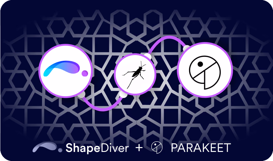 ShapeDiver and Parakeet logos with icons representing geometric, biological, and algorithmic patterns.