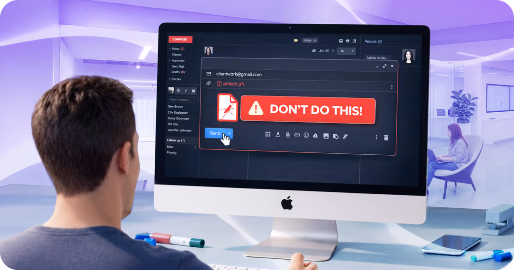 Person at a desk viewing a computer with a Grasshopper file attachment and a red warning banner