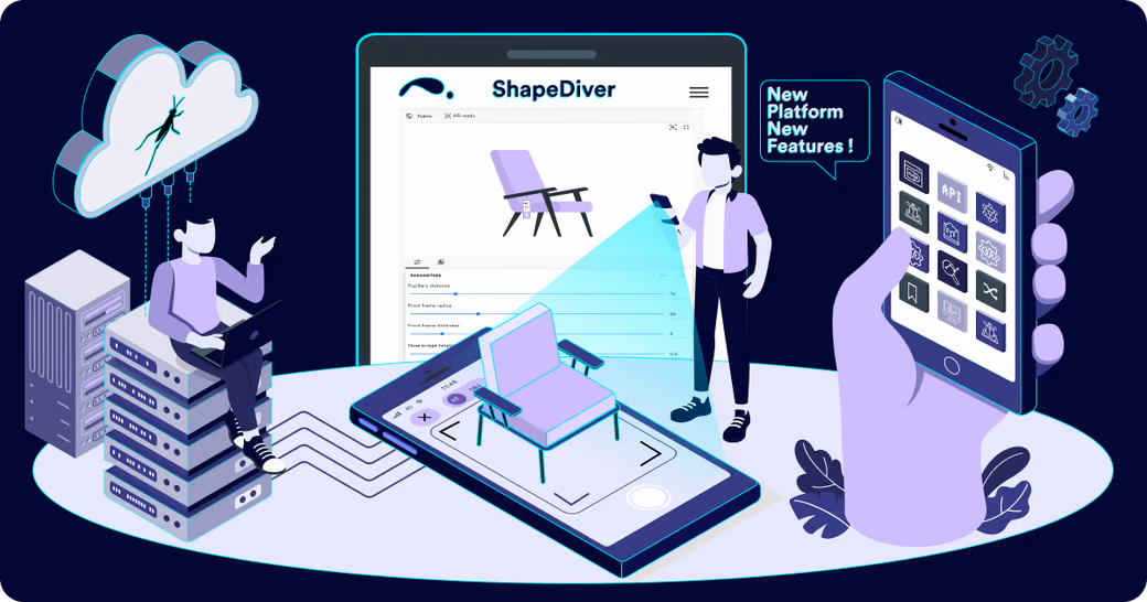Illustration of the new ShapeDiver platform with design tools, 3D models, and users collaborating on projects