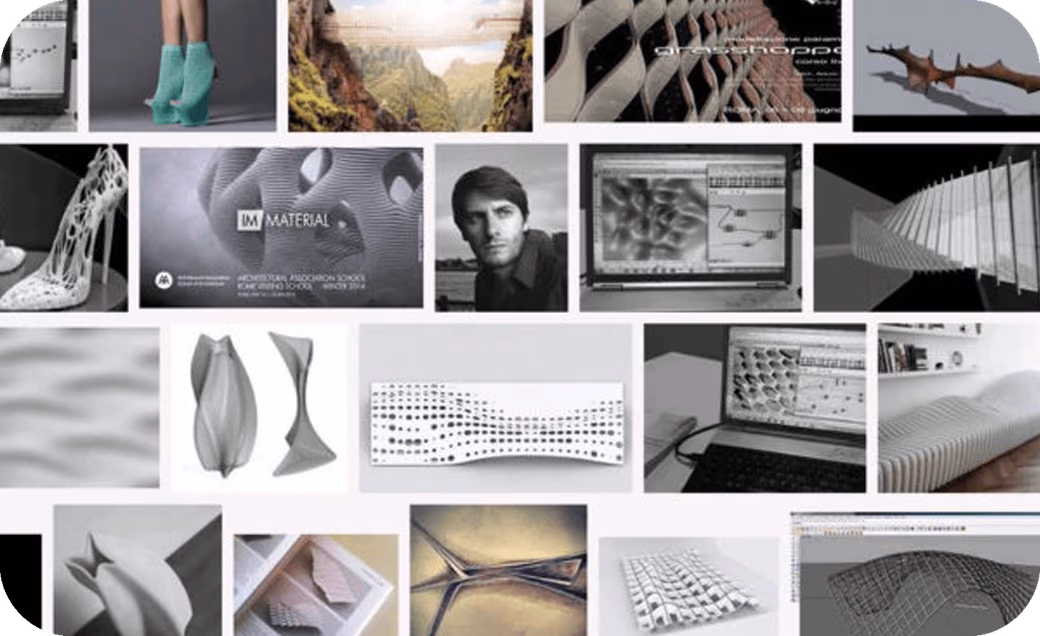 Collage of parametric designs, renderings, and digital fabrication projects showcasing ControlMAD's work