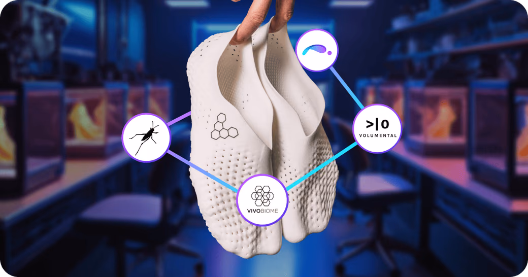 3D-printed shoe with connected technology icons representing VivoBiome's scan-to-production innovation ecosystem