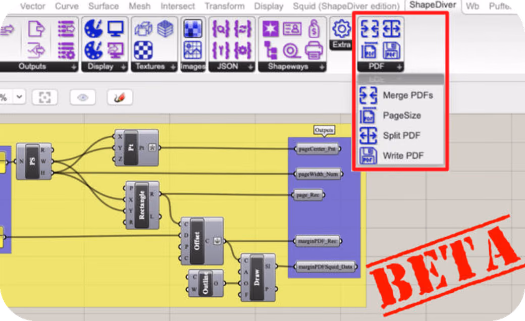Grasshopper definition showing the new ShapeDiver PDF export tools menu, marked as Beta.