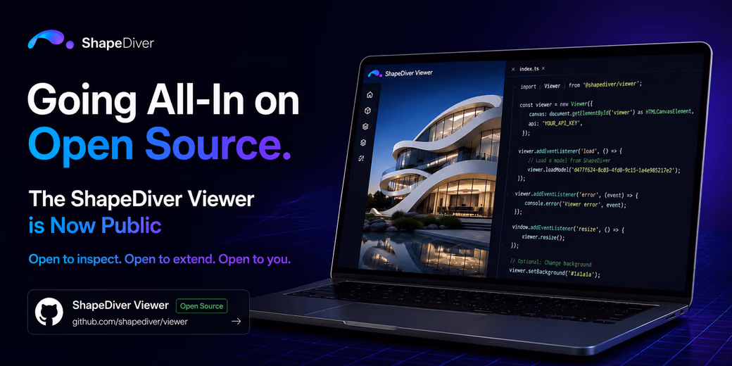 Promotional graphic for ShapeDiver Viewer's open-source release, featuring a 3D architectural model viewer and code on a laptop.