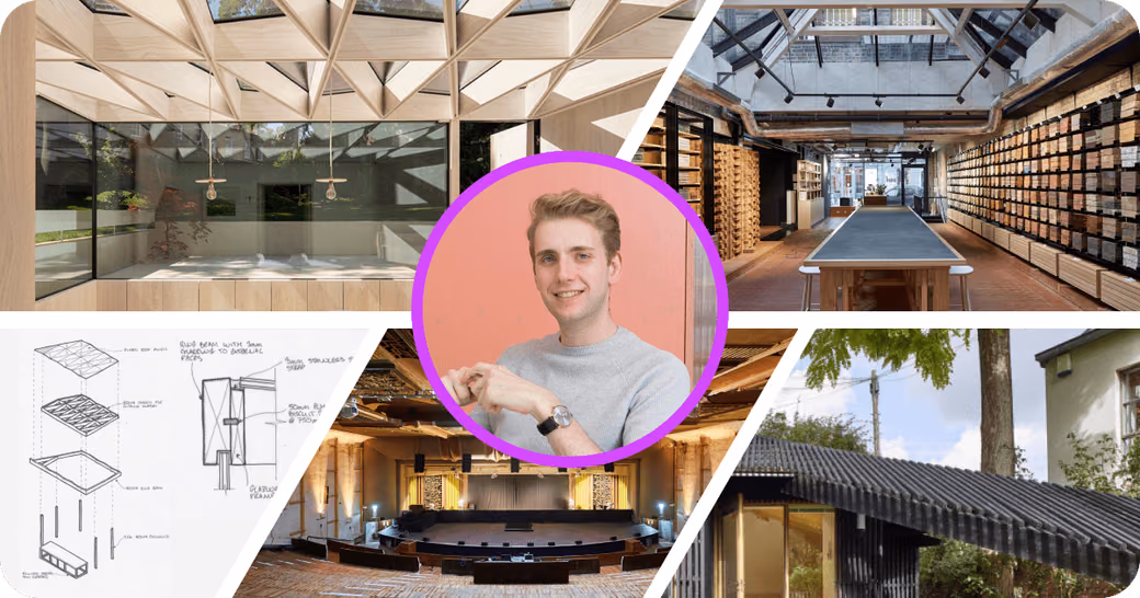 Dan Cole, Structural Engineer at Webb Yates Engineers, with a collage of architectural and design projects in the background.