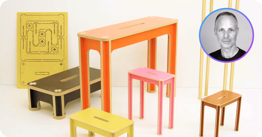 Collection of colorful parametric furniture designs alongside a portrait of Swiss designer Yves Ebnöther