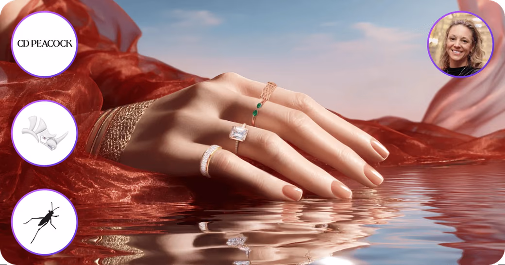 CD Peacock wedding rings displayed on a hand against flowing red fabric, with the CD Peacock logo and Kelly Jacobson featured
