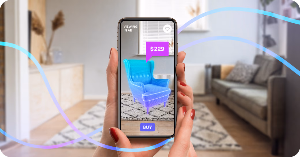 Smartphone displaying augmented reality view of a blue armchair in a living room with price and buy button.