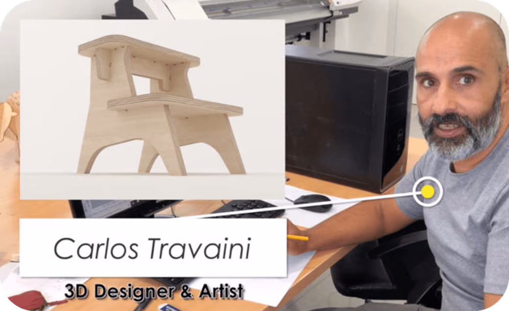 Carlos Travaini, 3D designer at Modifile, with examples of his wooden furniture designs