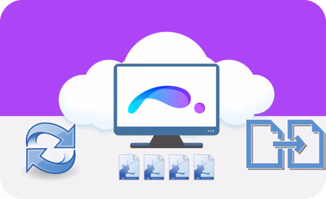 Monitor displaying a ShapeDiver model surrounded by reload and import icons, illustrating the ability to copy and reuse model settings.