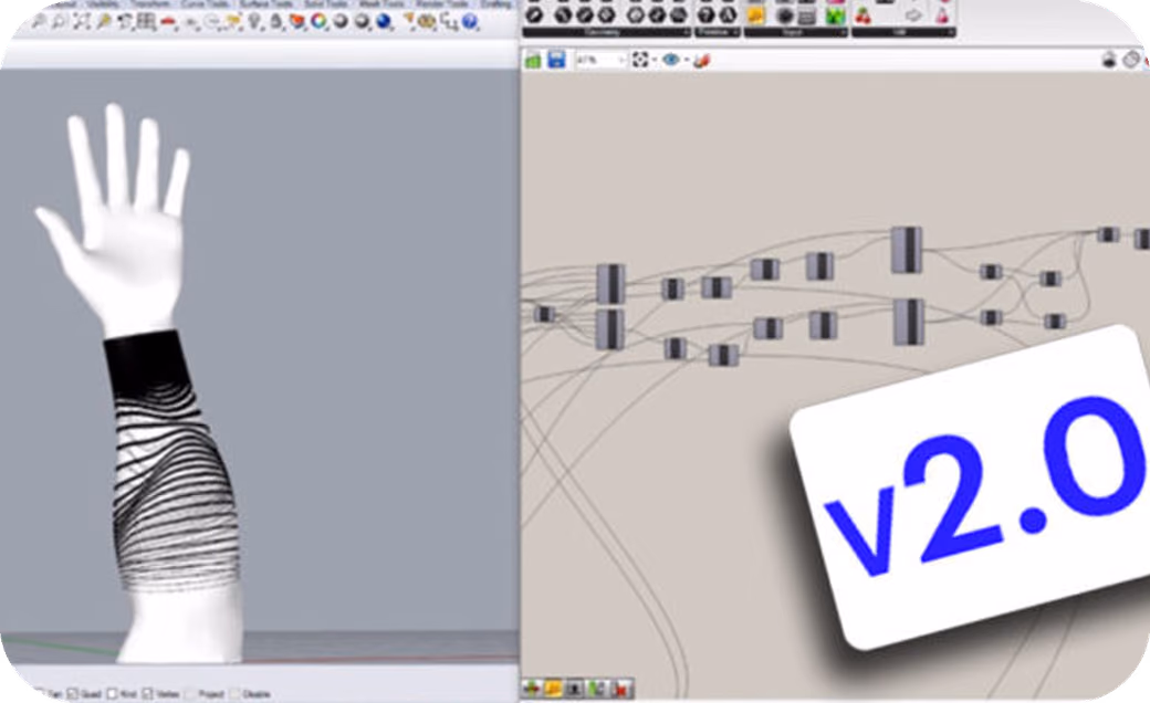 3D parametric model of an arm with a wavy striped tattoo design shown in a Grasshopper interface