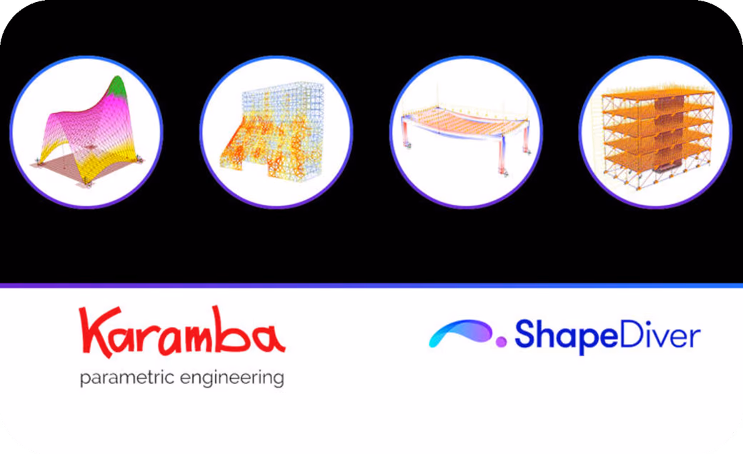 Structural analysis examples showing Karamba3D parametric modeling of shells, frames, and tensile structures