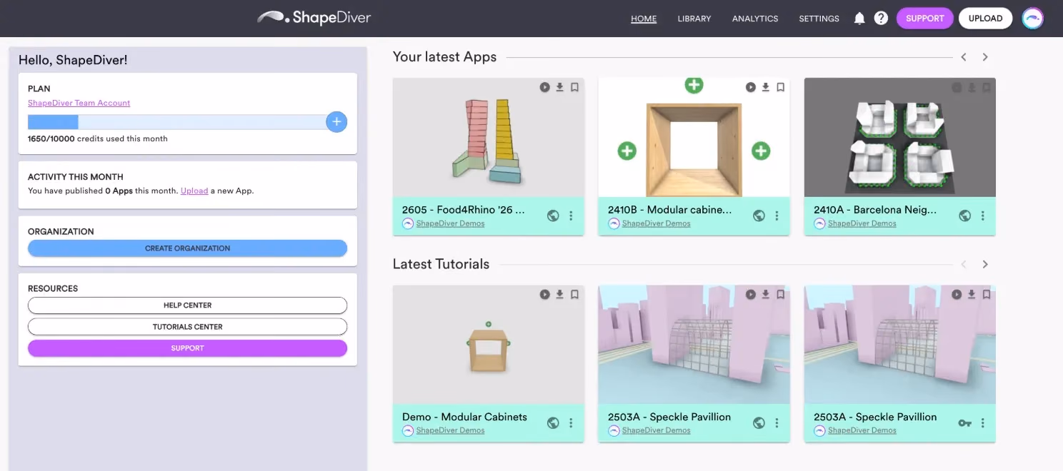 The workspace dashboard of the ShapeDiver Demos account: the plan with credits used this month, activity, organization, and resources on the left; on the right, the latest apps (Food4Rhino '26, a modular cabinet, a Barcelona neighborhood) and the latest tutorials as cards with 3D previews.