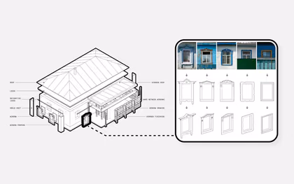Exploded line drawing of a traditional Ukrainian village house beside photos and drawings of carved window surrounds to choose from