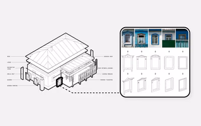 Exploded line drawing of a traditional Ukrainian village house beside photos and drawings of carved window surrounds to choose from
