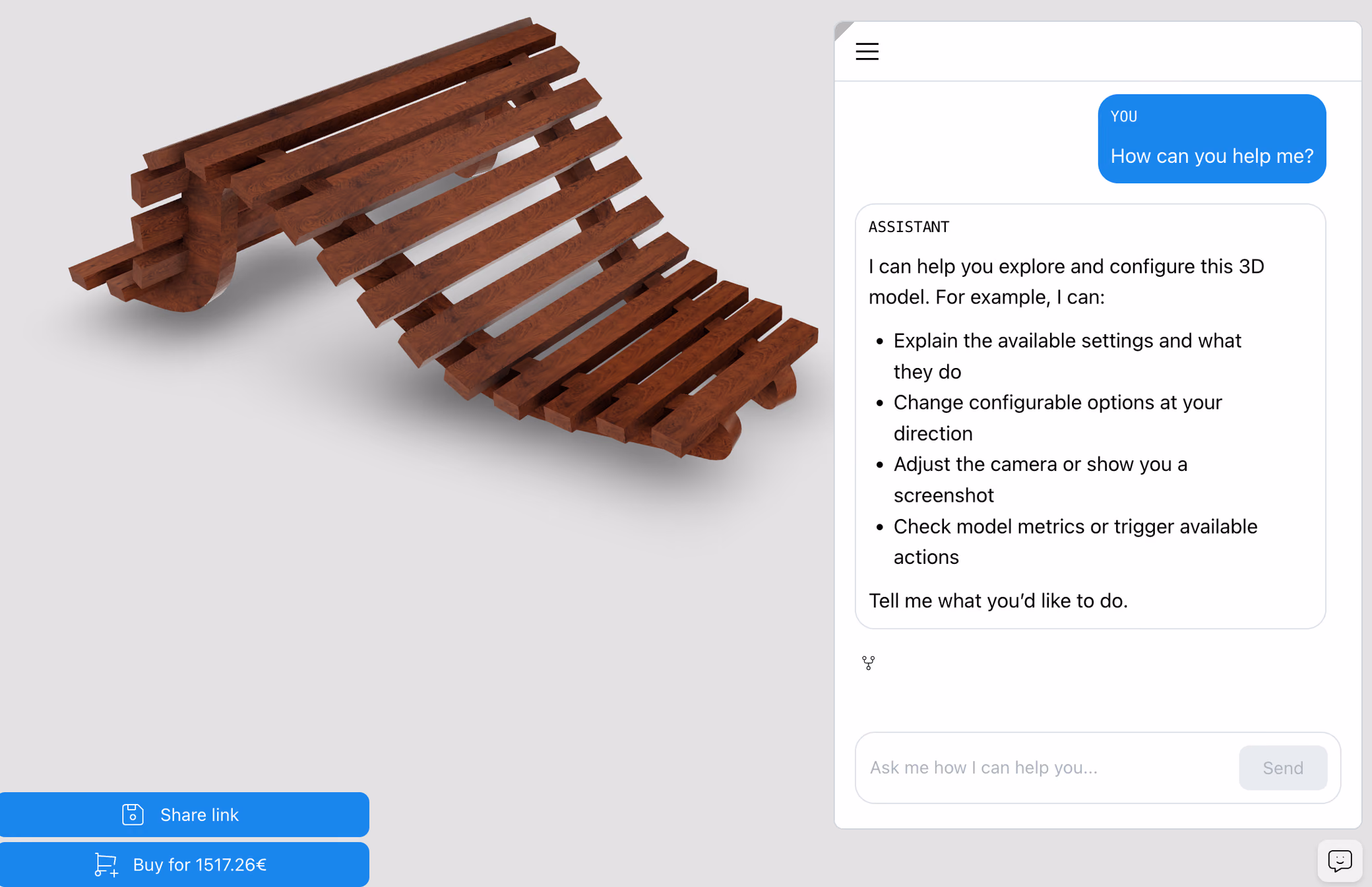 A ShapeDiver configurator of a wooden slatted lounger, with the AI assistant's chat panel open beside the 3D model, listing what it can do: explain the settings, change options, adjust the camera, and check model metrics.