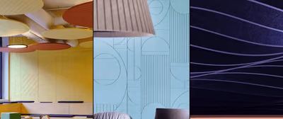 Impact Acoustic panels in three settings: round ceiling baffles, wall tiles with a line pattern, and dark panels with curved stripes