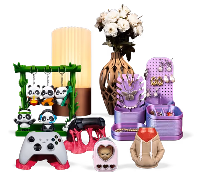 A group of 3D-printed models from STLFLIX: a panda swing, a lamp, a lattice vase, organizers, and a controller stand