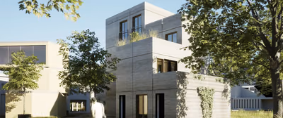 Rendering of a modular housing block with 3D-printed concrete walls among trees