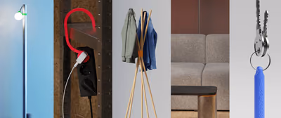 Products by 1x1: a red cable hook holding a power strip, a wooden coat stand, and a modular sofa with a side table