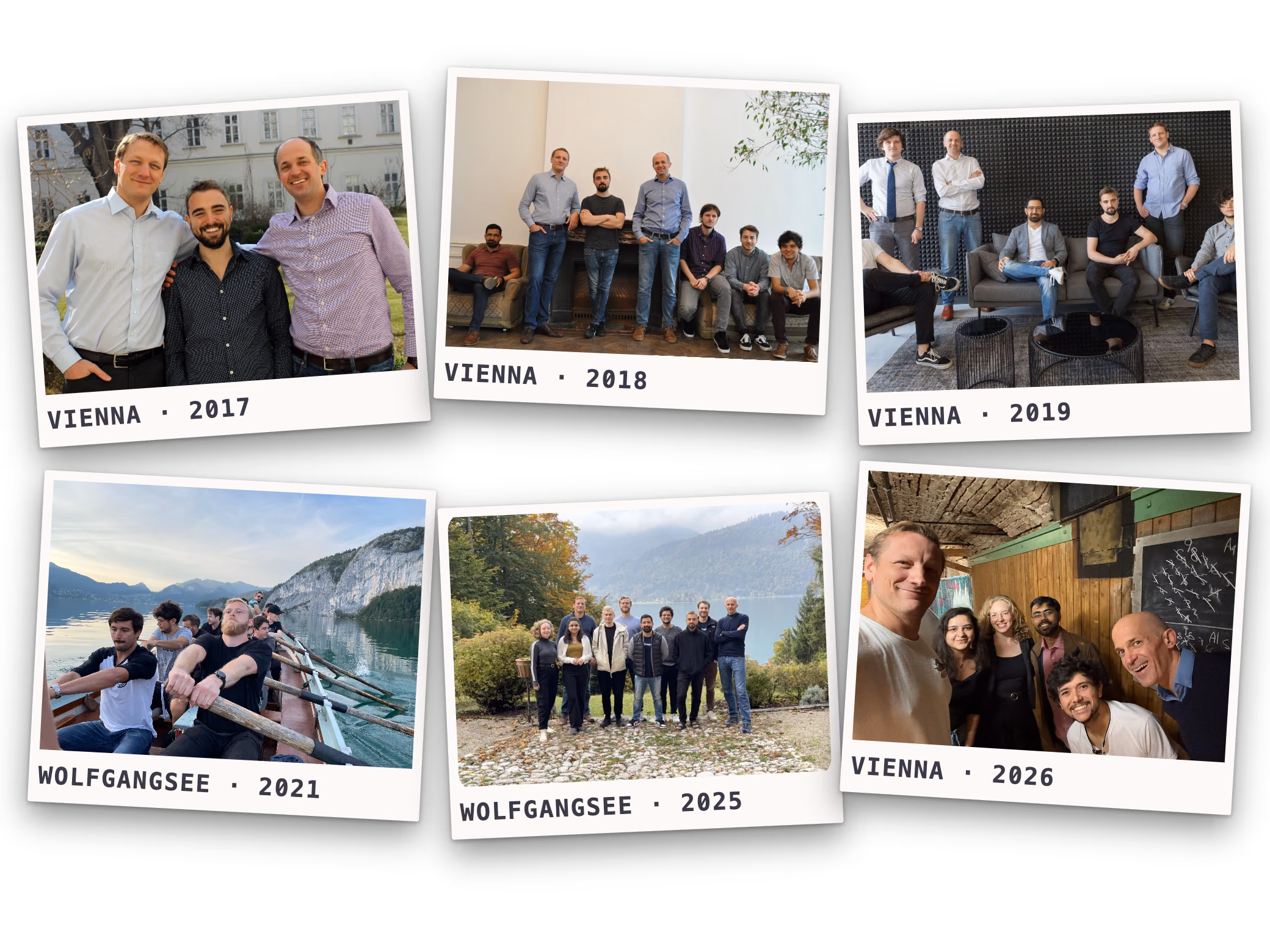 Six ShapeDiver team photos from 2017 to 2026, laid out like prints: the three founders in Vienna in 2017; the team at Schwindgasse in 2018 and at Wattgasse in 2019, both in Vienna; rowing on the Wolfgangsee at the 2021 retreat; the whole team at the 2025 retreat at Wolfgangsee; and a selfie at a bowling night in Vienna in 2026.
